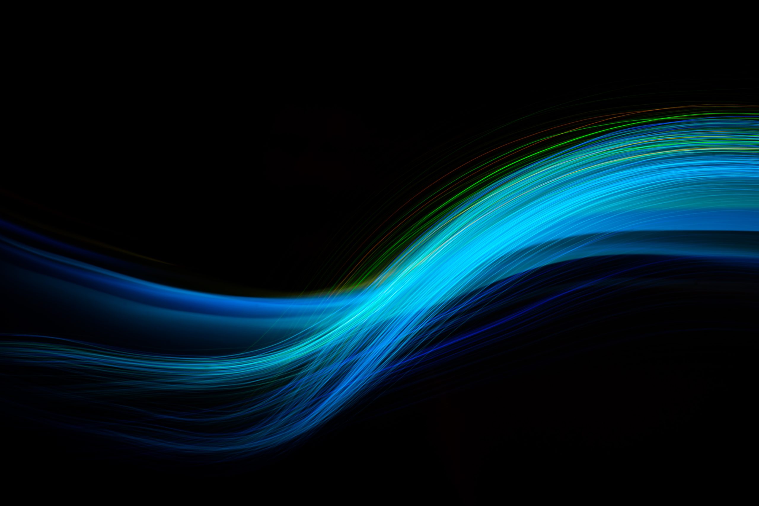 Neon technology stripes. Digital blue and green lines waves on black background. High quality photo